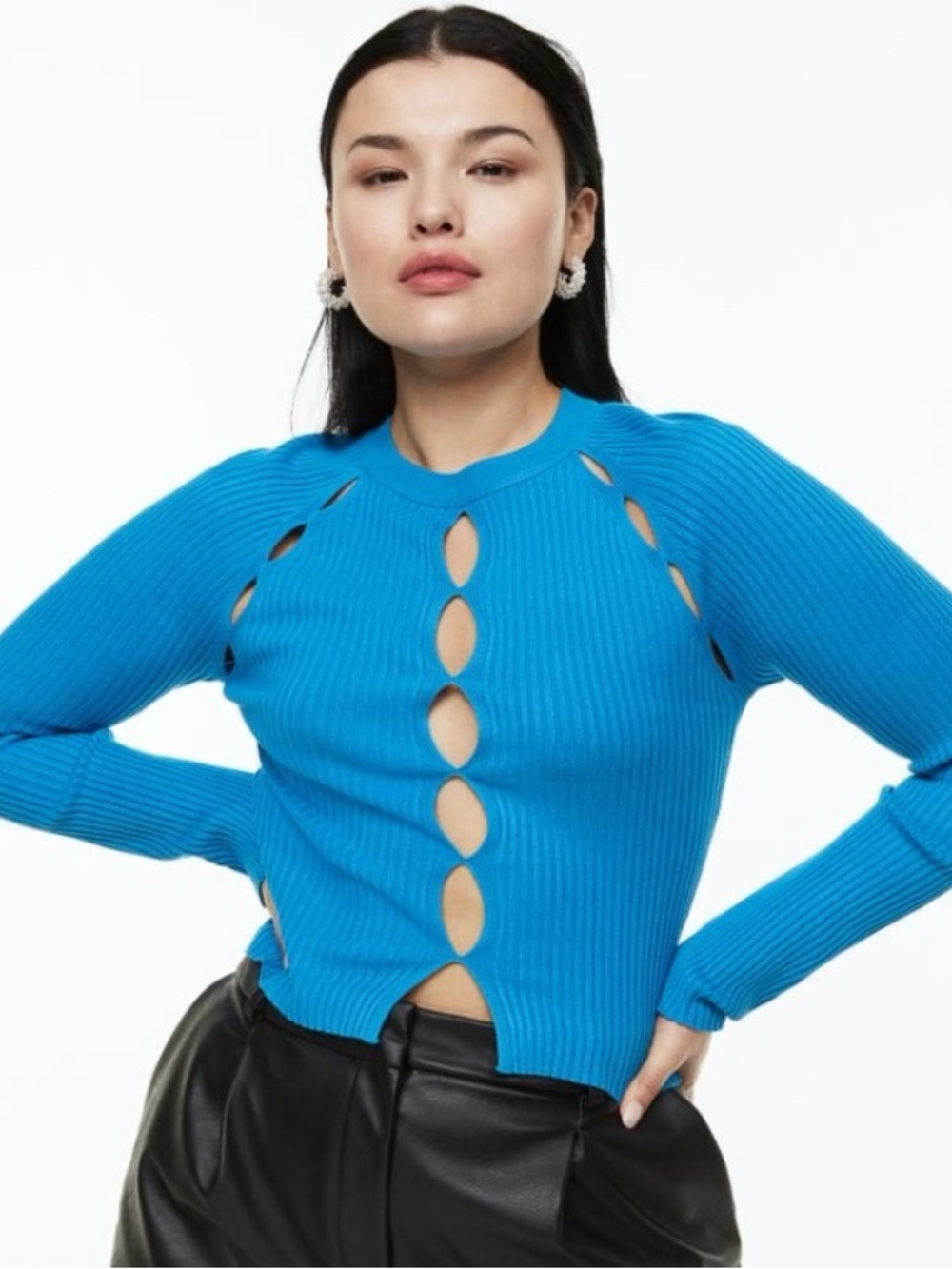 H&M Bright Blue Ribbed Cutout Long-Sleeve Top